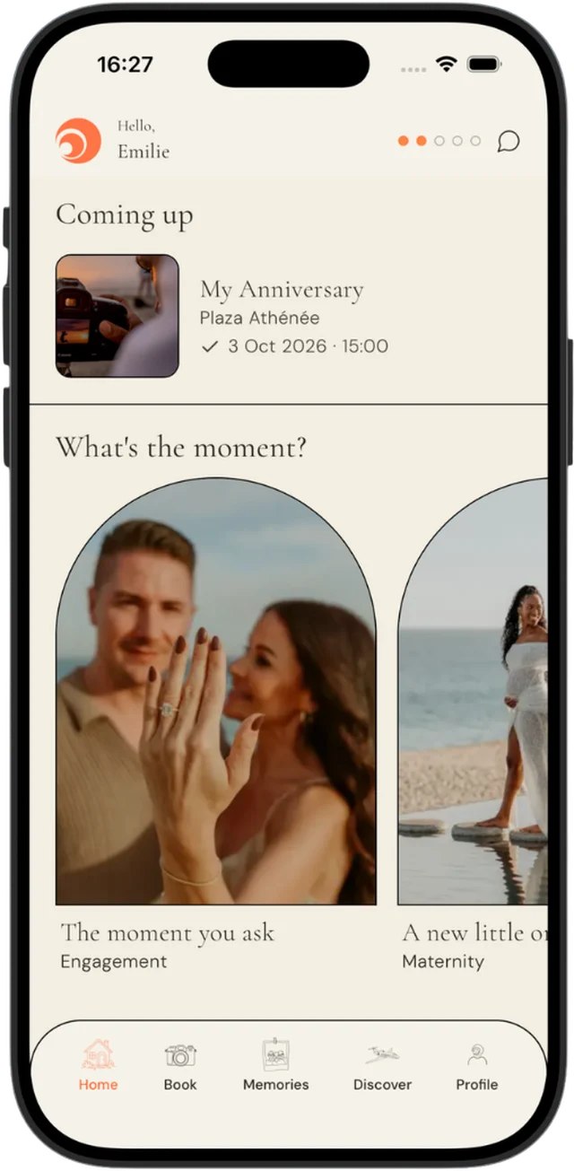 The DreamArt app home screen, with an upcoming photoshoot and occasions to book